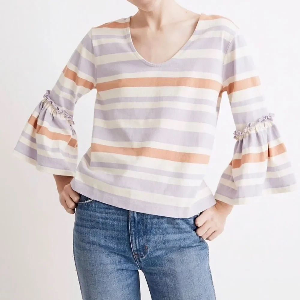 Madewell fairhaven striped ruffle bell sleeve top cotton blouse preppy XXS